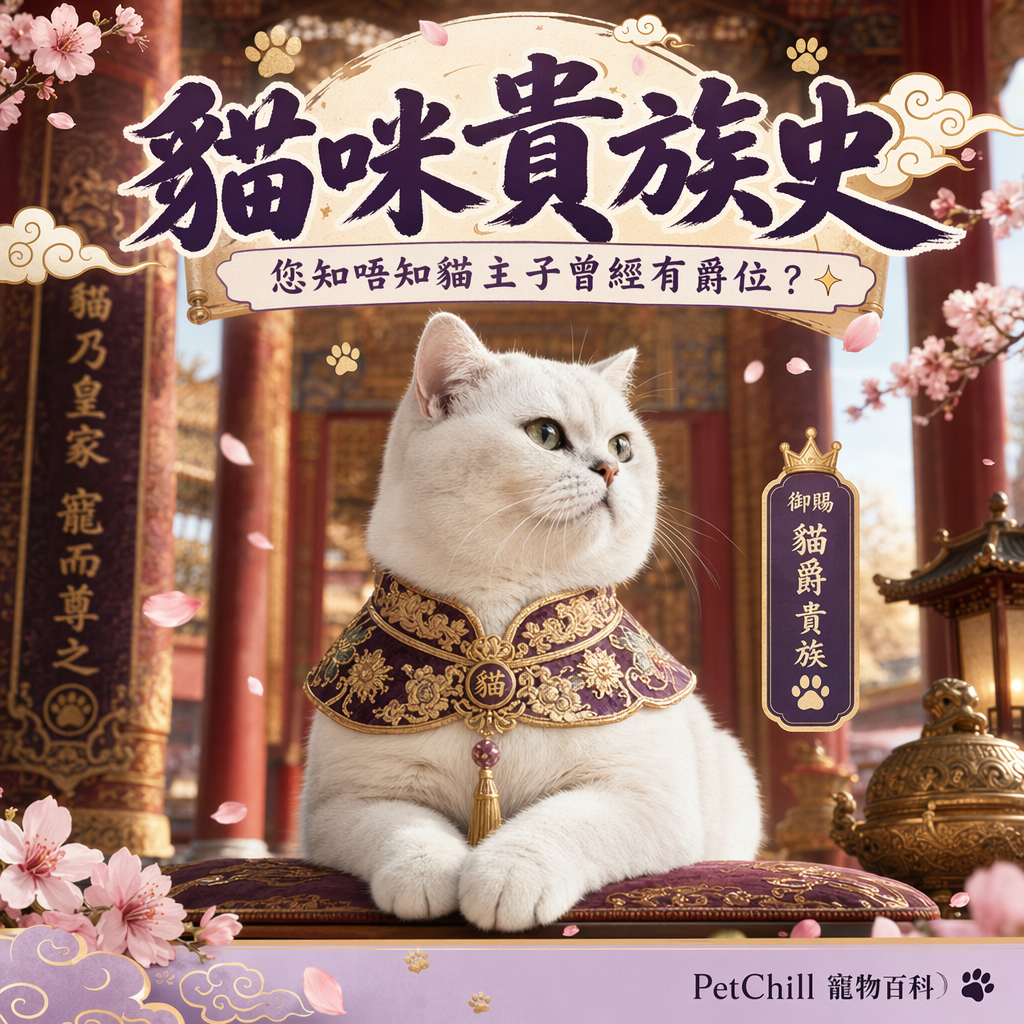 一隻白色英國短毛貓穿著傳統中式貴族裝飾，坐在宮殿內的溫馨畫面