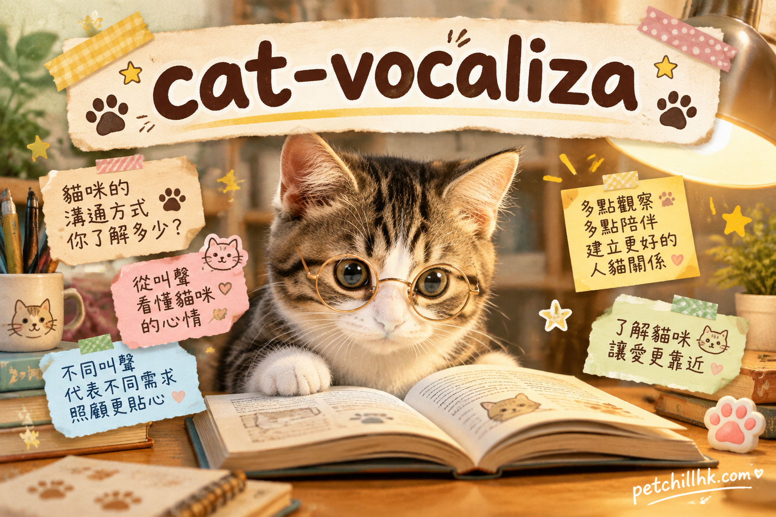 貓叫聲翻譯：虎斑唐貓張口喵喵叫，頭頂聲波音符裝飾