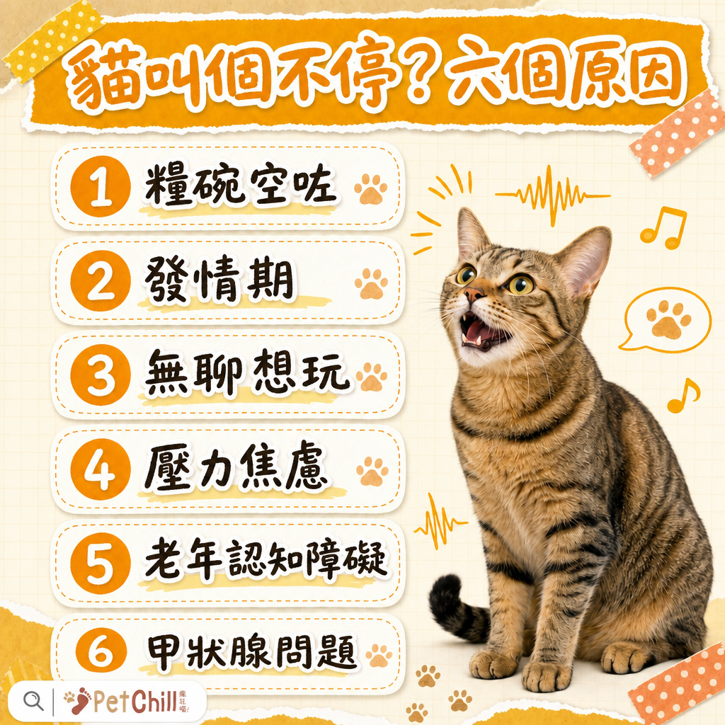 貓叫聲翻譯機 2026｜10 種貓叫聲意思＋異常叫聲判斷，聽懂主子心聲｜PetChill 教學配圖